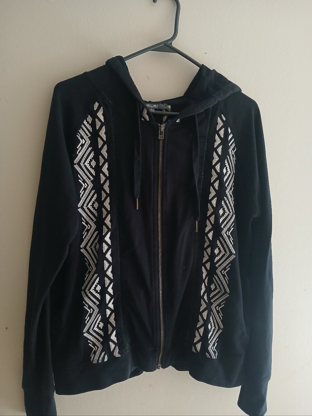 Miss Me Black Zip Hoodie with Silver Geometric Accent